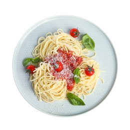 Photo of Tasty pasta with tomatoes, cheese and basil on white background. Top view