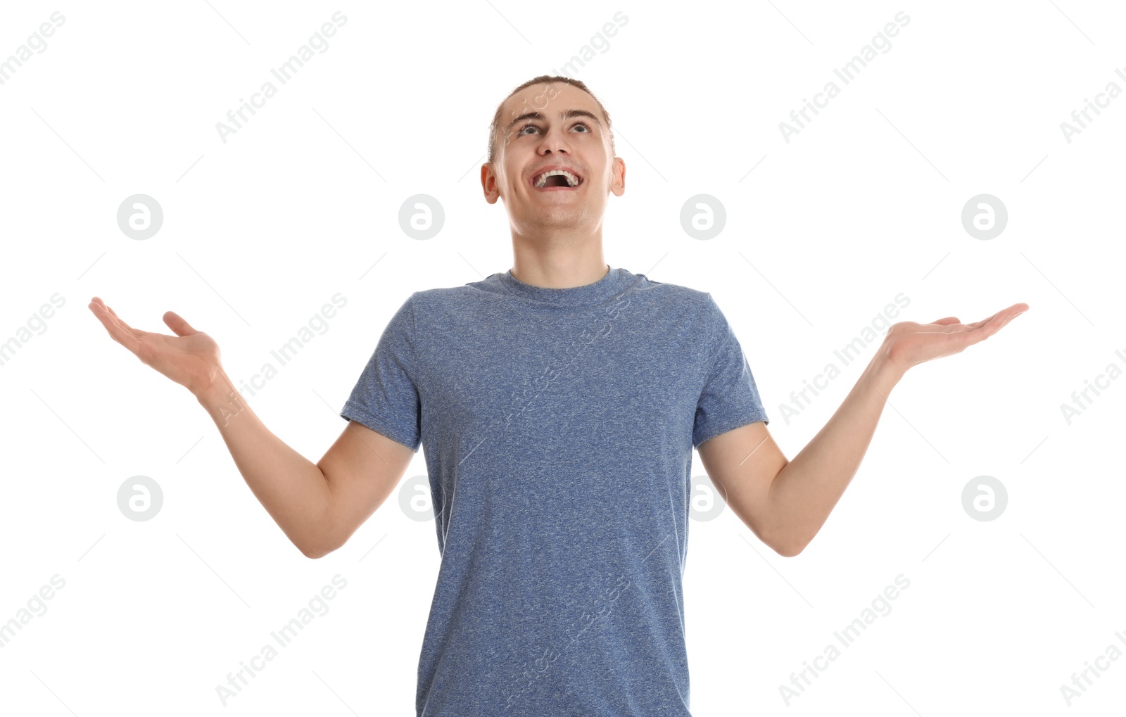 Photo of Portrait of happy young man on white background