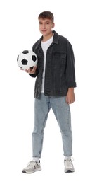 Photo of Teenage boy with soccer ball on white background