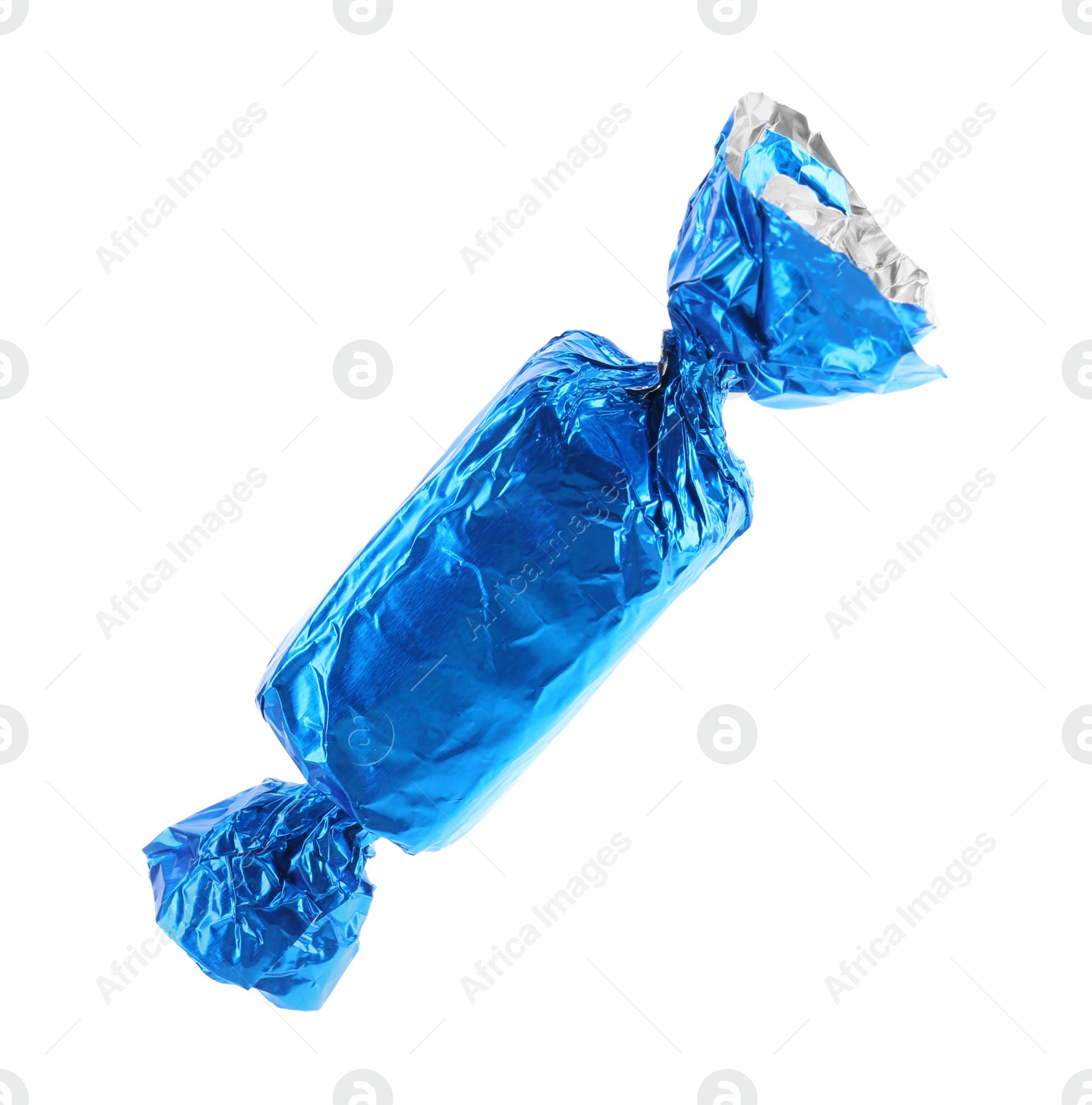 Photo of Tasty candy in light blue wrapper isolated on white