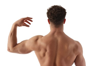 Man with muscular body on white background, back view