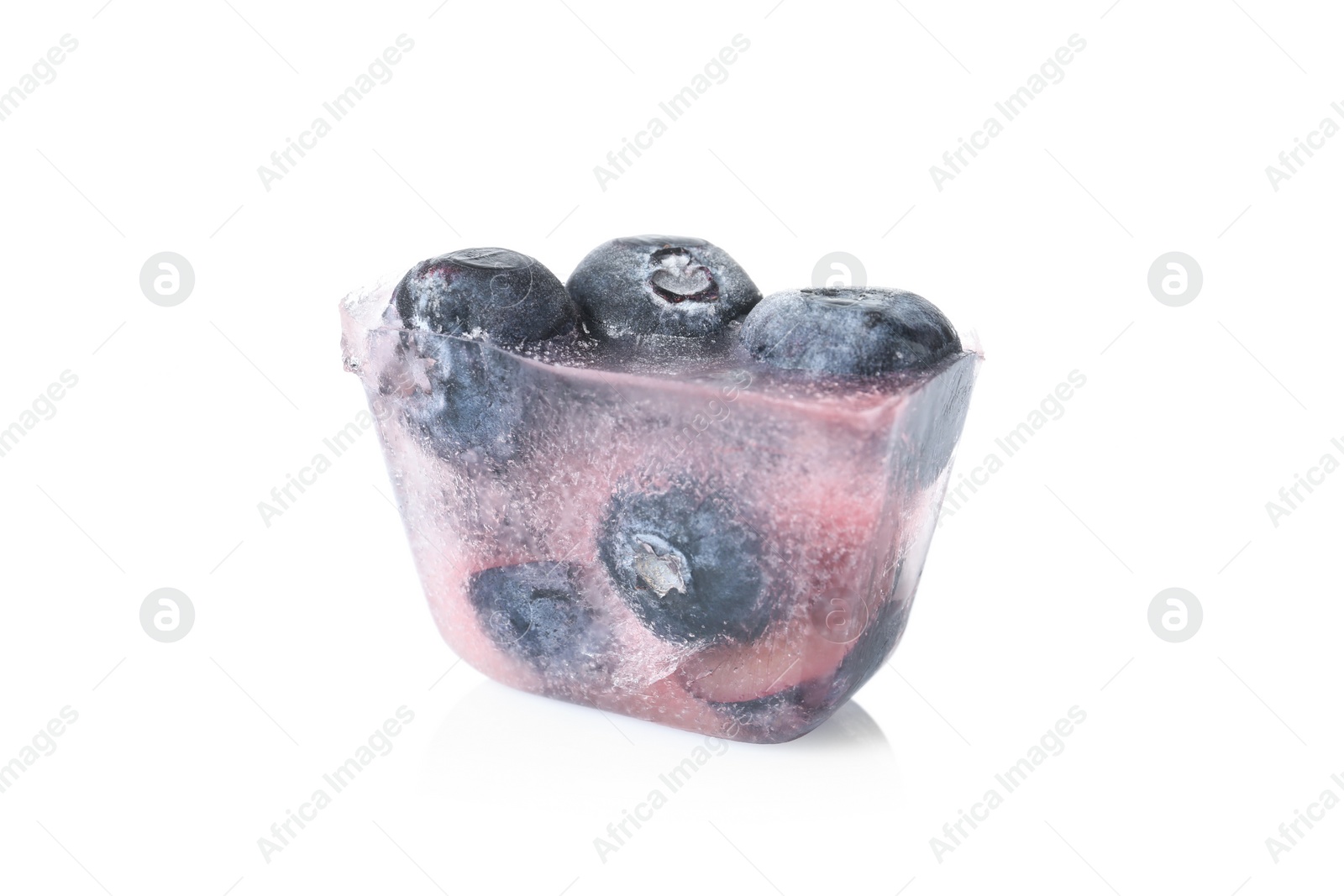 Photo of Ice cube with blueberries on white background