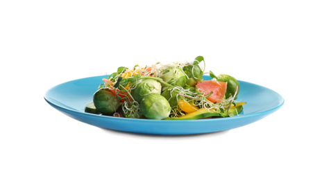 Photo of Tasty fresh salad with Brussels sprouts isolated on white