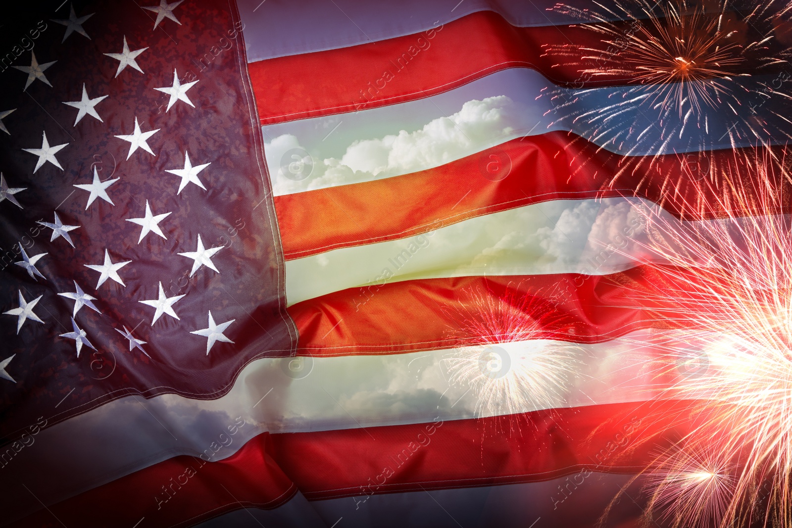 Image of Independence Day of USA. National American flag and fireworks