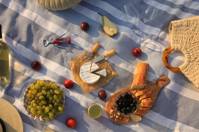 Different tasty snacks on picnic blanket, flat lay