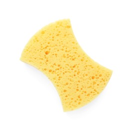 Photo of One yellow sponge isolated on white, top view