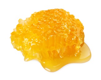 Photo of Piece of natural honeycomb with tasty honey isolated on white