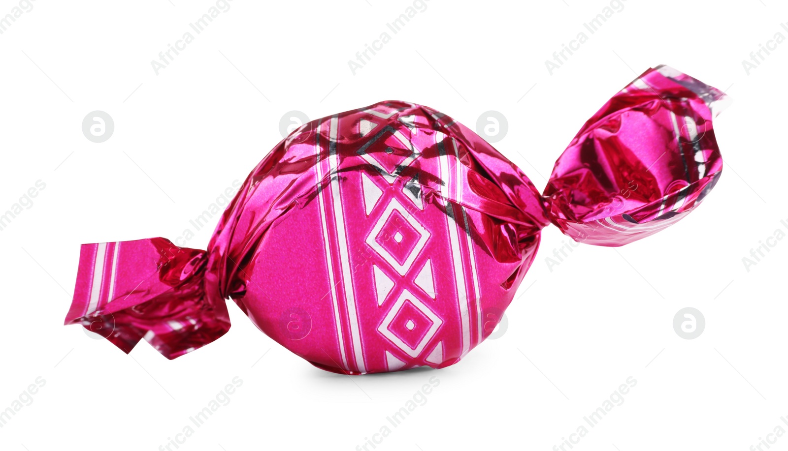 Photo of Candy in bright pink wrapper isolated on white