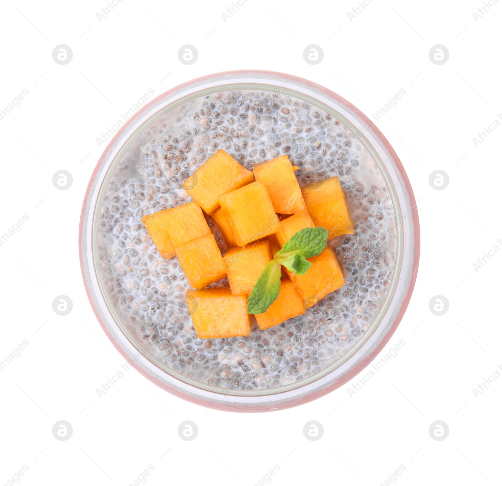 Photo of Delicious dessert with persimmon and chia seeds isolated on white, top view