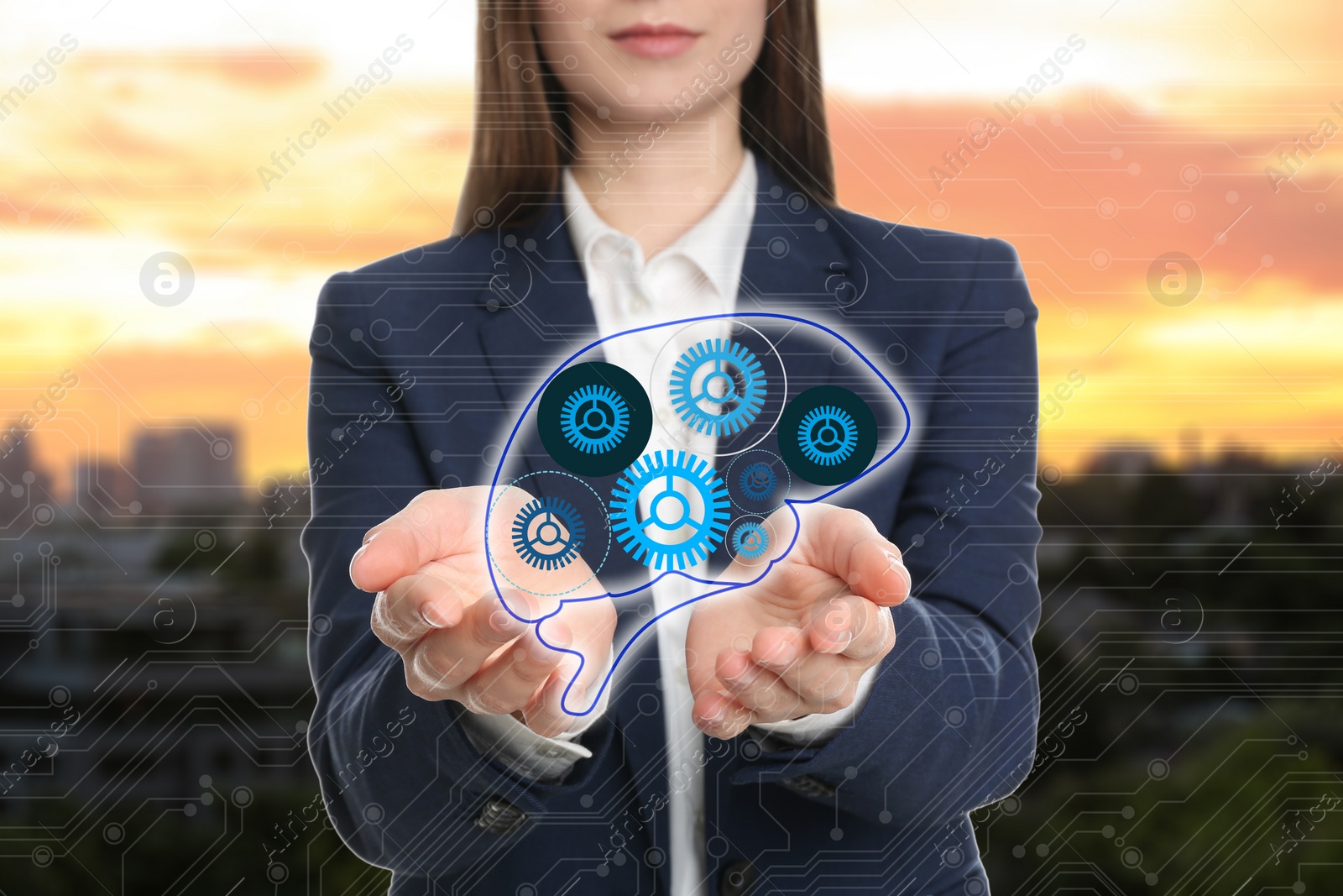 Image of Woman holding digital image of brain in hands and cityscape on background, closeup. Machine learning concept 