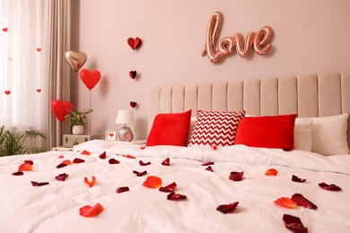 Cozy bedroom decorated for Valentine Day. Interior design