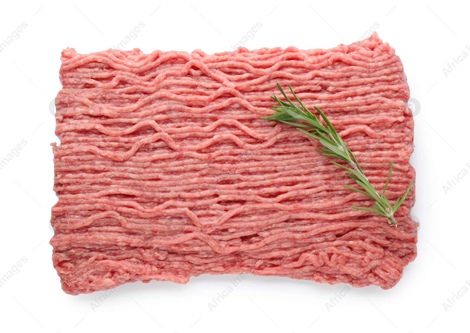 Photo of Raw fresh minced meat with rosemary isolated on white, top view