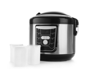Modern multi cooker with cups for yogurt isolated on white