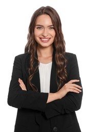 Photo of Portrait of hostess in uniform on white background