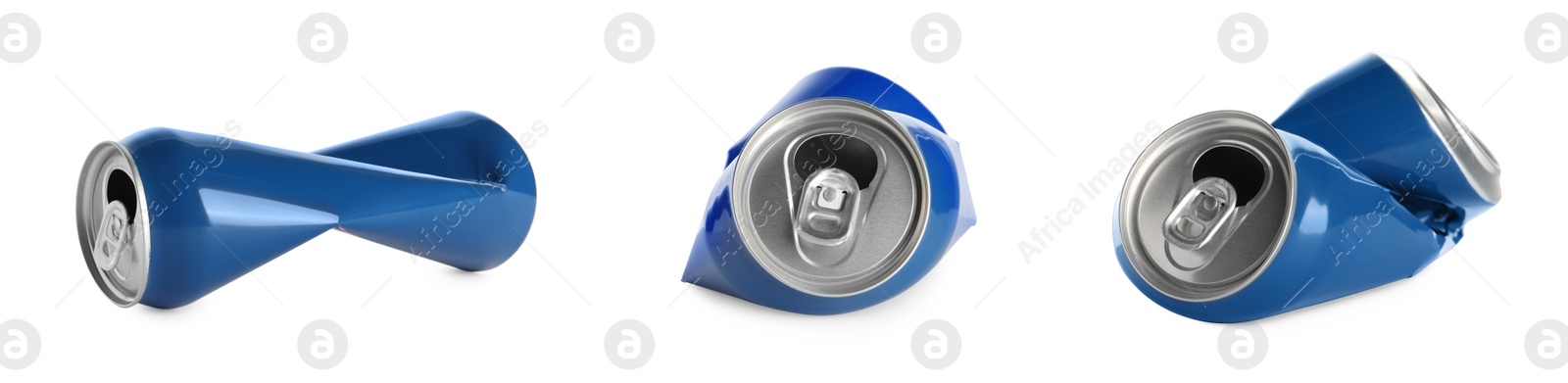 Image of Set with crumpled cans on white background. Banner design