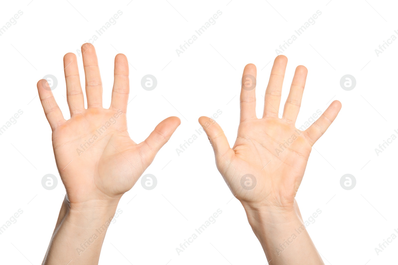 Photo of Man showing sign ten on white background, closeup. Body language