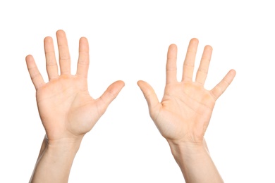 Photo of Man showing sign ten on white background, closeup. Body language