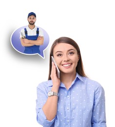Image of Young woman calling professional repairman on white background