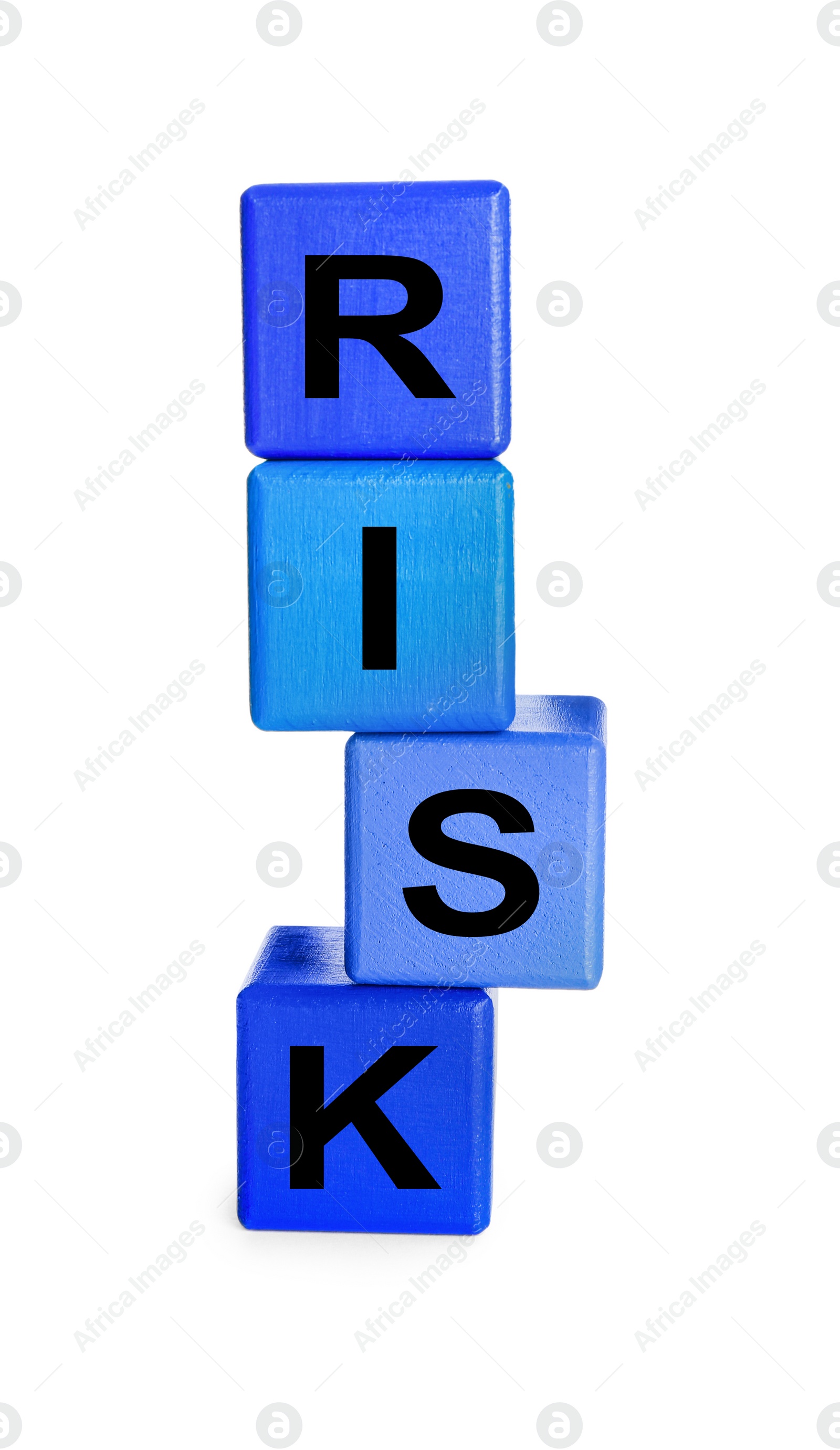 Photo of Stack of color wooden cubes with word Risk isolated on white