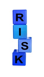 Photo of Stack of color wooden cubes with word Risk isolated on white