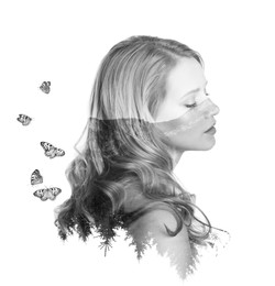 Image of Double exposure of beautiful woman and natural scenery on white background, black and white effect