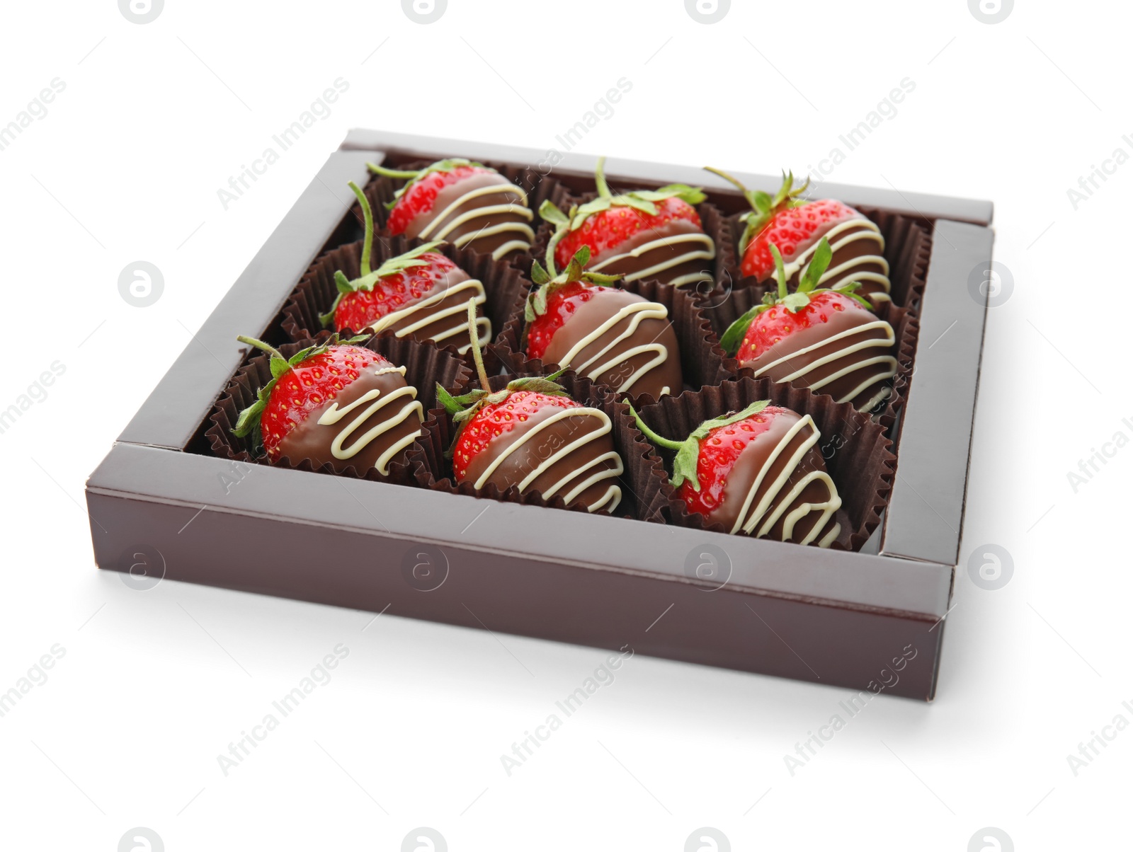 Photo of Box with chocolate covered strawberries on white background