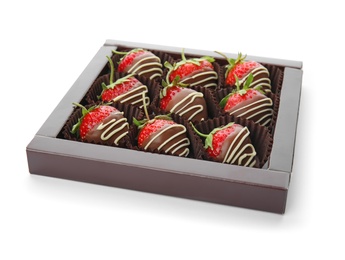 Photo of Box with chocolate covered strawberries on white background