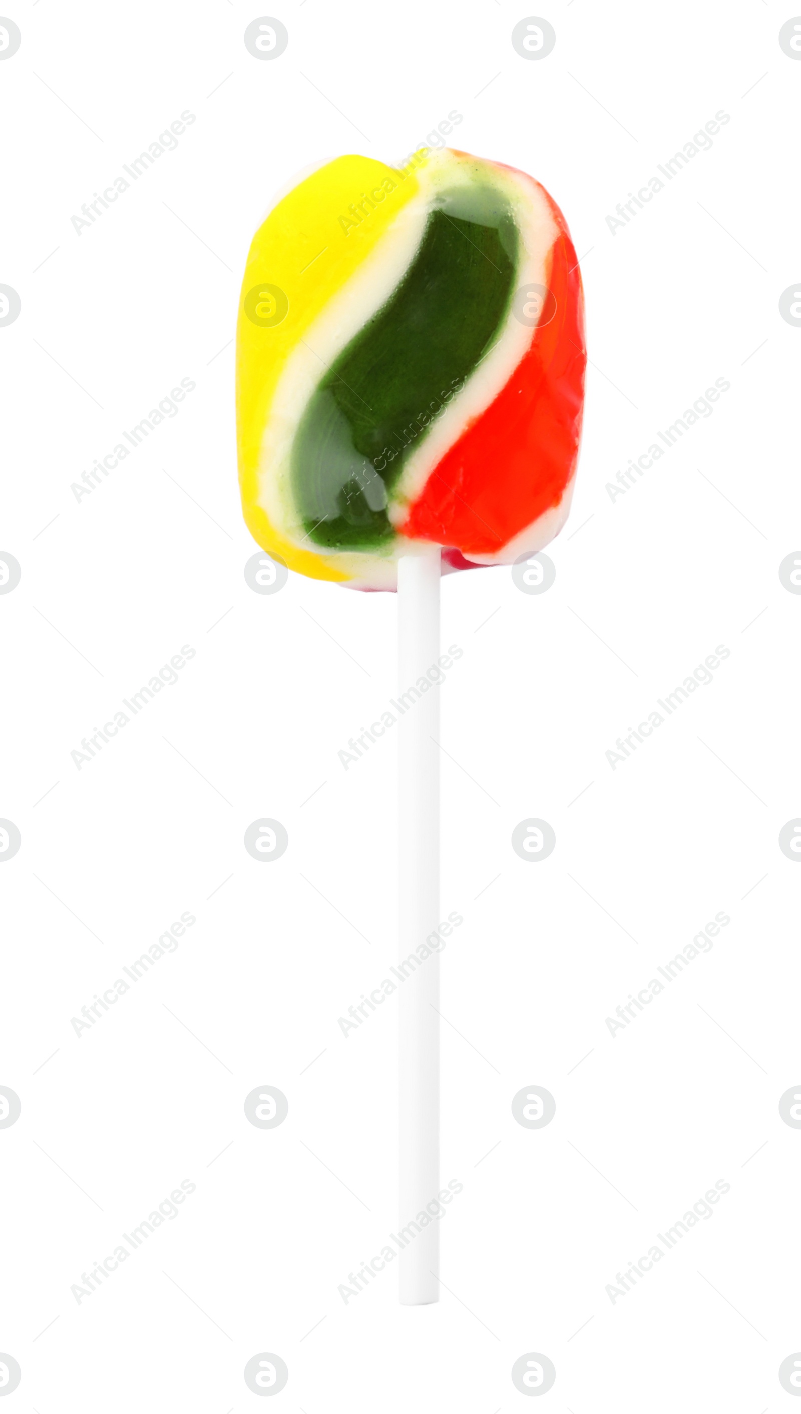 Photo of Tasty colorful fruit flavored candy on white background