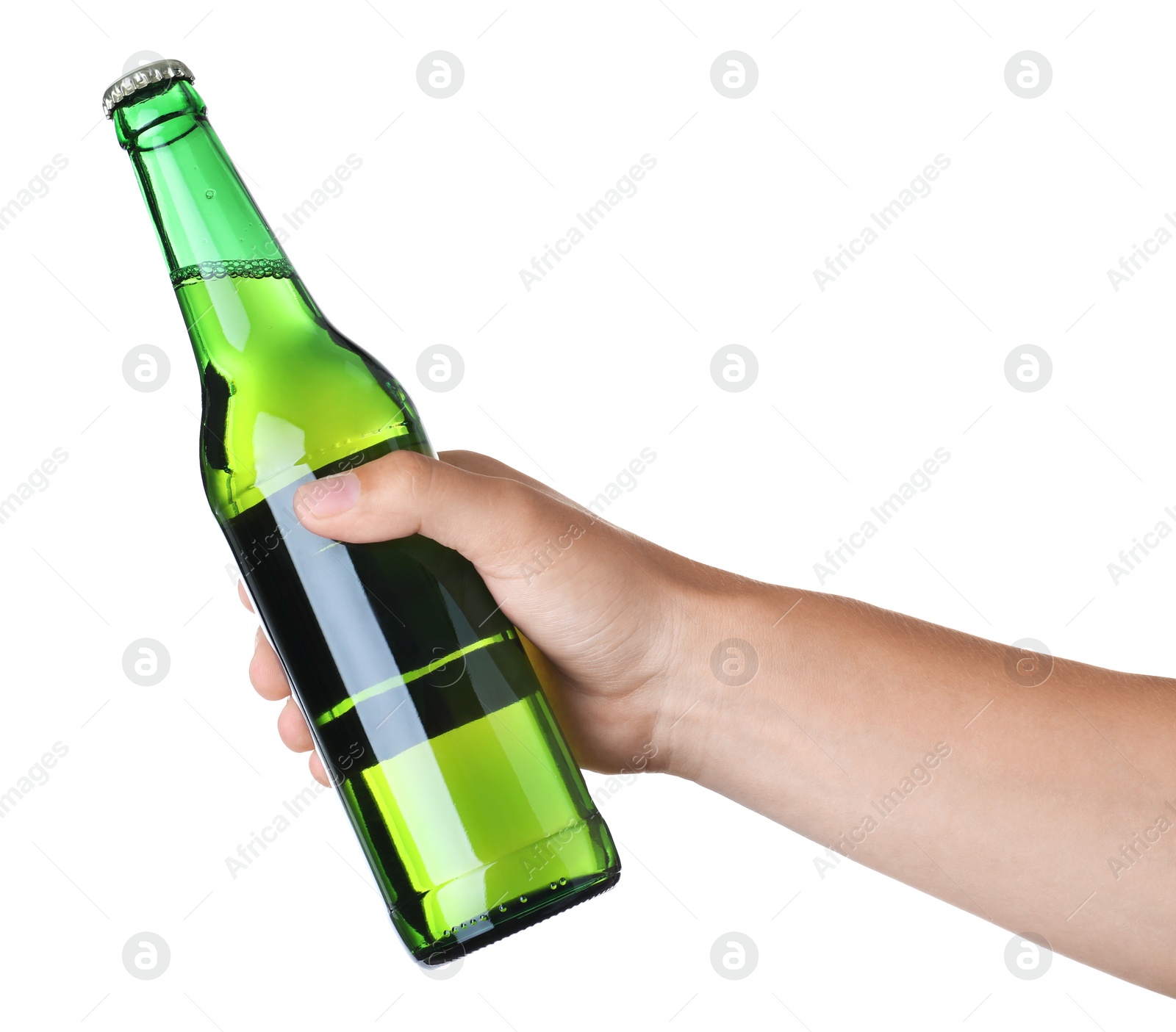 Photo of Man holding green bottle with beer on white background, closeup