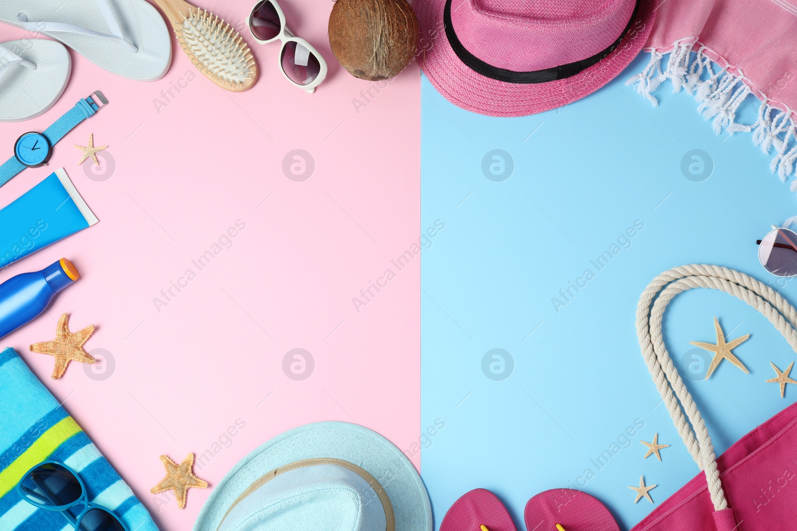 Photo of Flat lay composition with beach accessories on colorful background, space for text