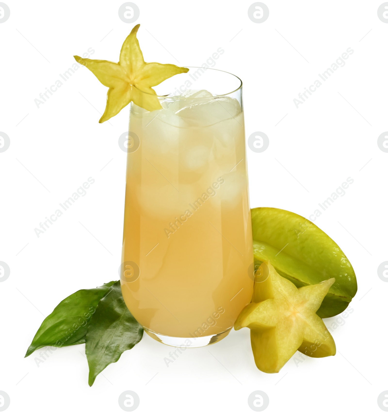 Photo of Delicious carambola juice in glass on white background