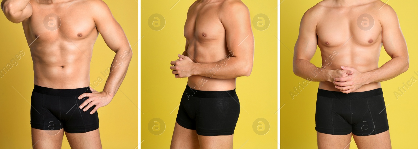 Image of Collage with photos of man wearing underwear on yellow background, closeup. Banner design