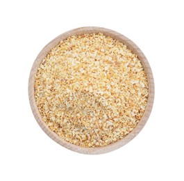 Dehydrated garlic granules in wooden bowl isolated on white, top view