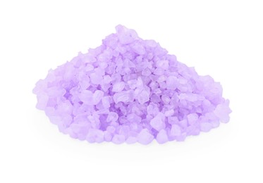 Photo of Heap of violet sea salt isolated on white