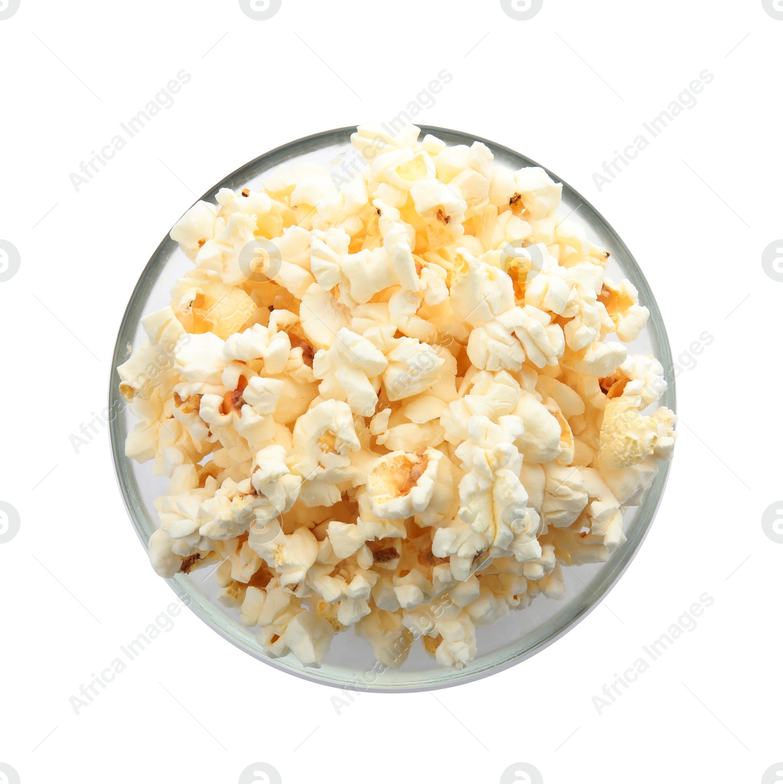 Photo of Bowl with delicious fresh popcorn on white background, top view