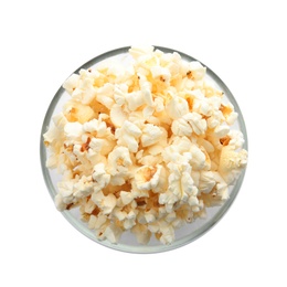 Photo of Bowl with delicious fresh popcorn on white background, top view