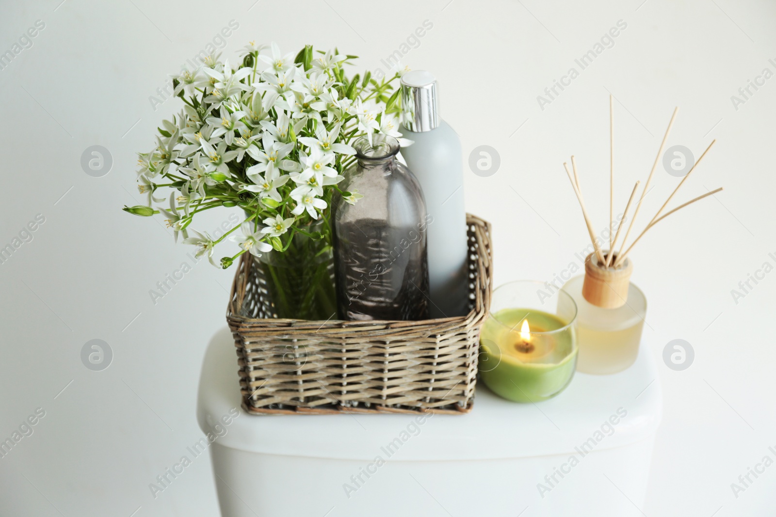 Photo of Decor elements on toilet tank near white wall. Bathroom interior