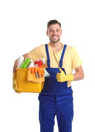 Male janitor with cleaning supplies on white background