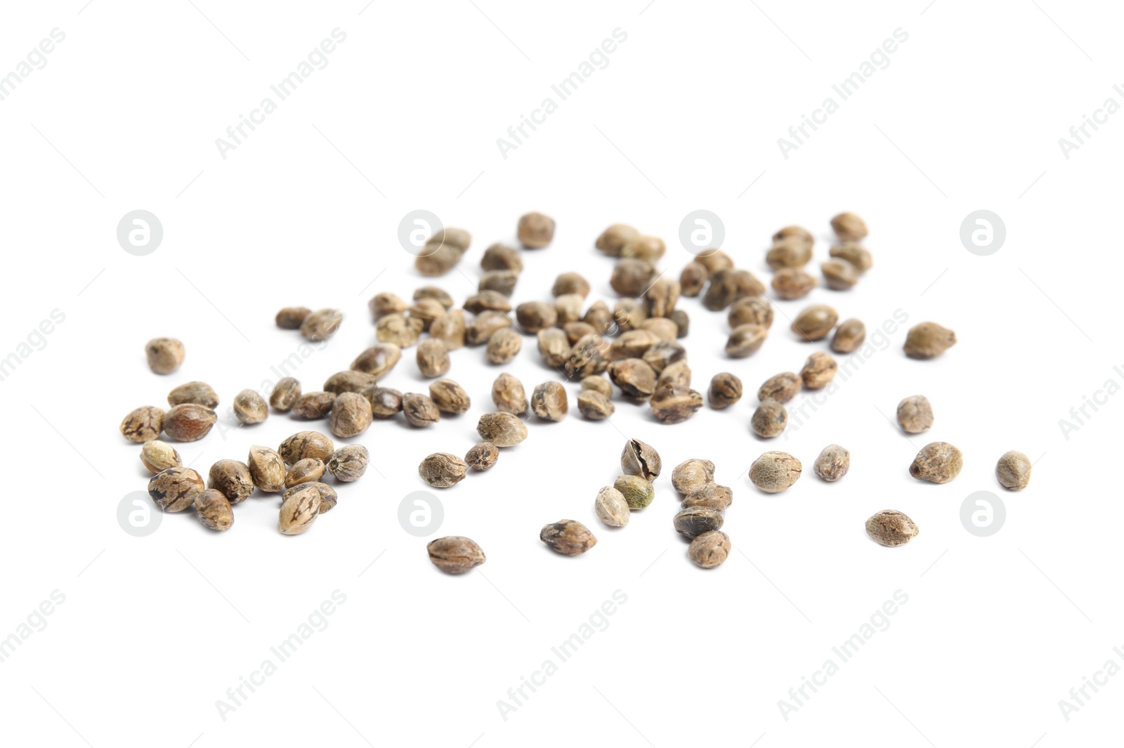 Photo of Raw organic hemp seeds on white background