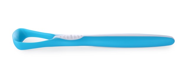 Photo of One light blue tongue cleaner isolated on white. Dental care