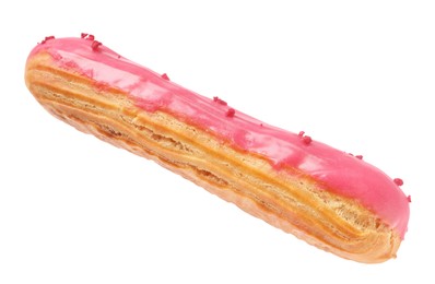 Delicious eclair covered with pink glaze isolated on white