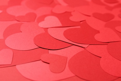 Beautiful red paper hearts as background, closeup