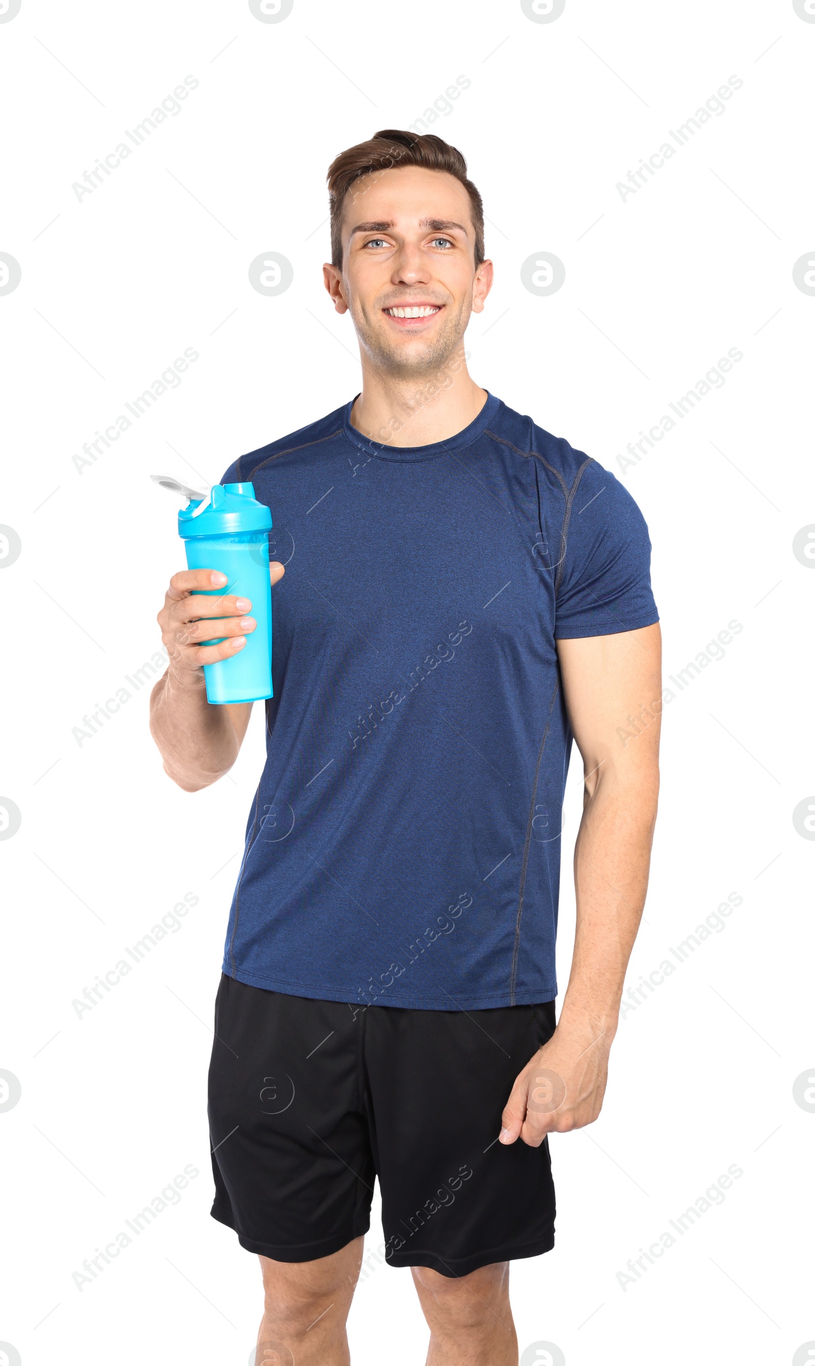 Photo of Portrait of man with bottle of protein shake on white background