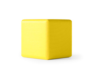 Photo of Yellow wooden toy cube isolated on white