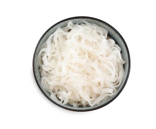 Photo of Bowl of tasty cooked rice noodles isolated on white, top view