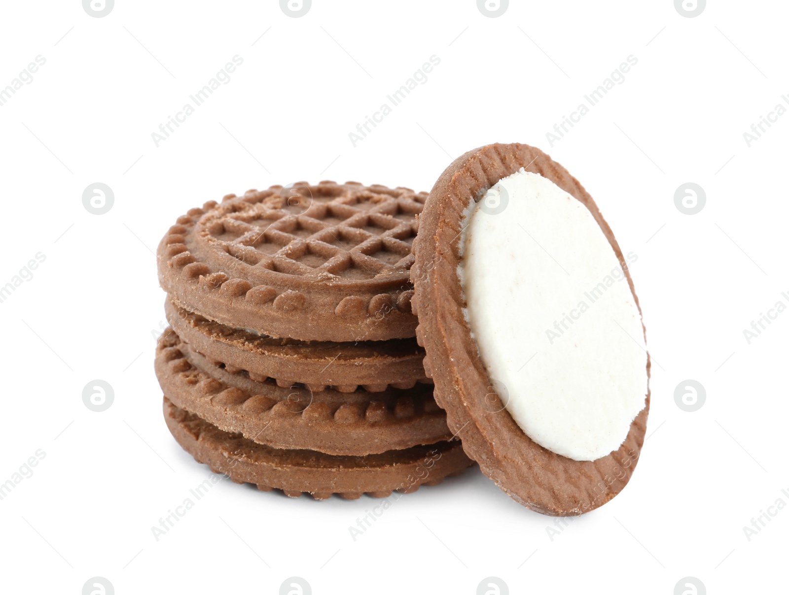 Photo of Tasty chocolate sandwich cookies with cream on white background