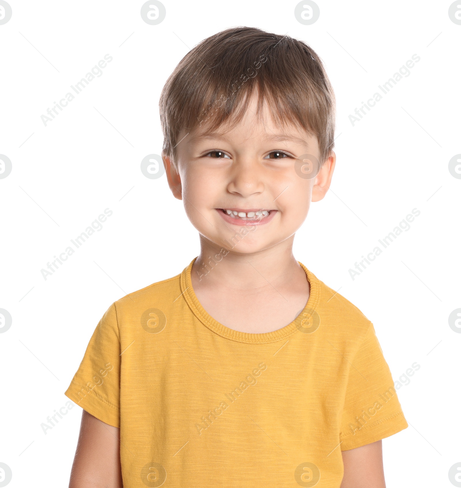 Photo of Portrait of cute little boy on white background