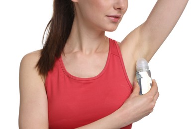 Photo of Woman applying deodorant on white background, closeup