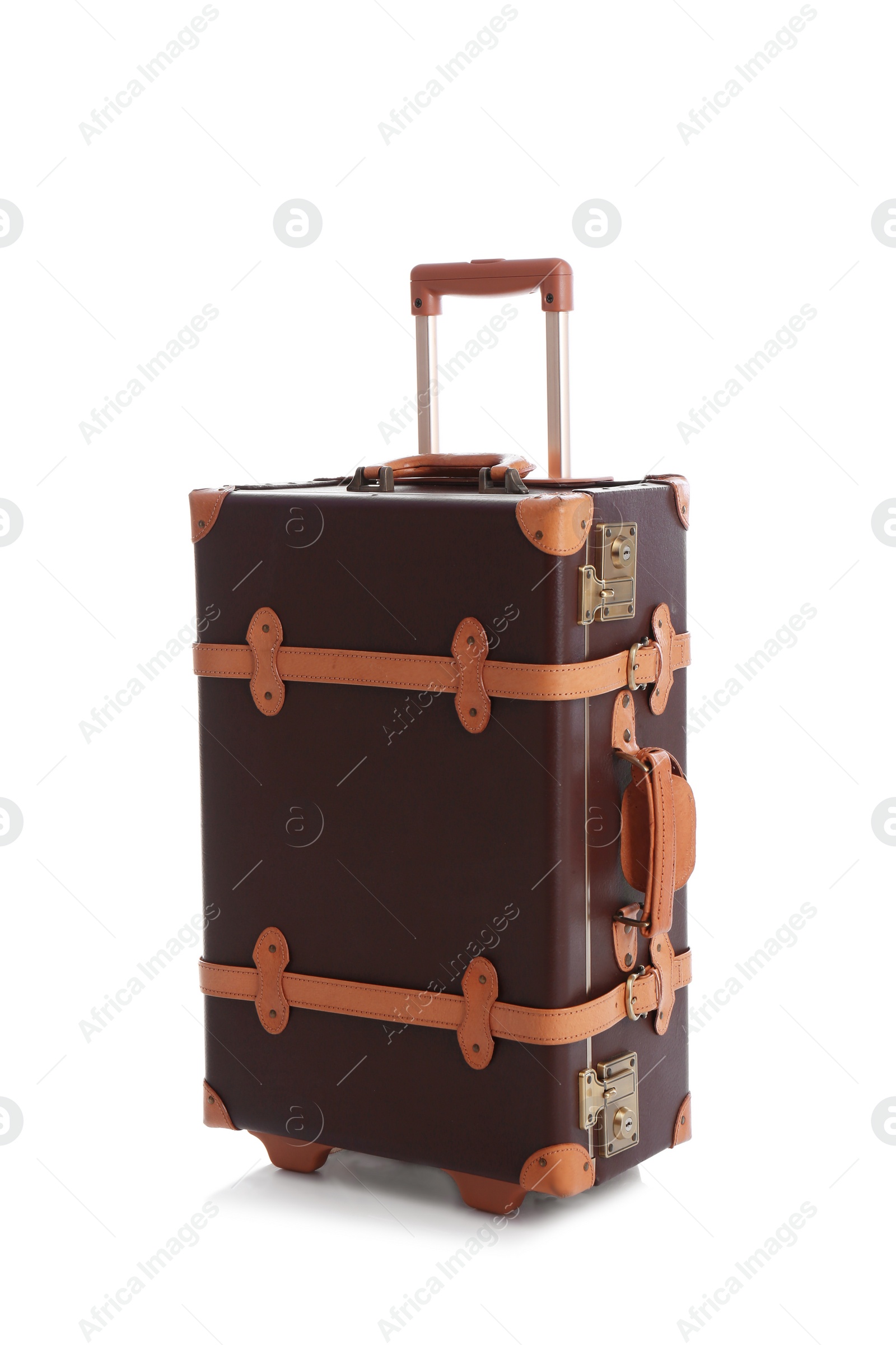 Photo of Fashionable brown suitcase on white background