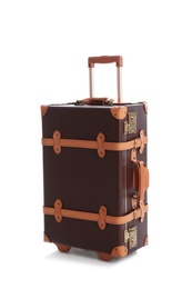 Photo of Fashionable brown suitcase on white background